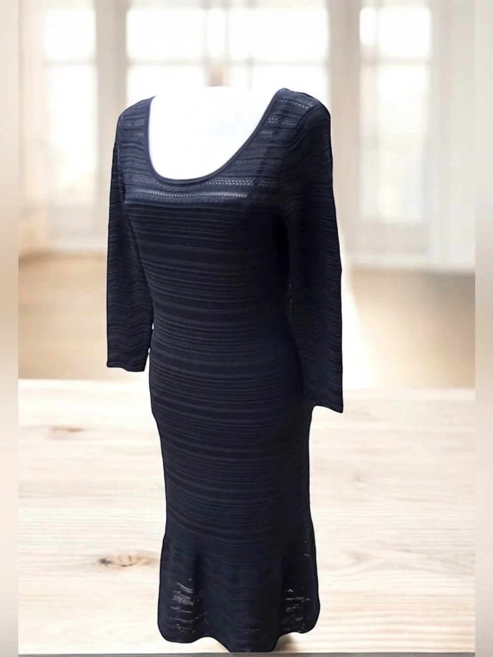 Lauren Ralph Lauren Midi Dress Black Knit Eyelet Stretch